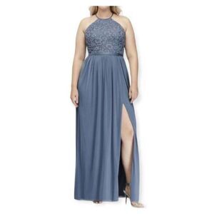 DAVID'S BRIDAL BLUE OPEN-BACK LACE AND MESH BRIDESMAID DRESS SZ.14 EUC